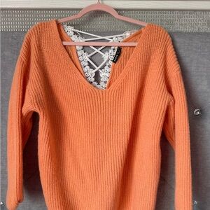 SHEIN Orange V-Neck Sweater with Lace Accent